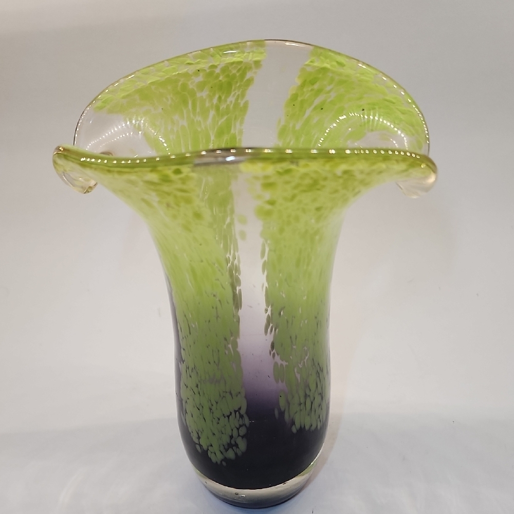 Green Purple Art Glass Vase Murano Style Hand Blown - Picture 2 of 7